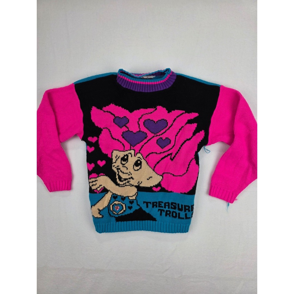 Vintage Treasure Troll Kids Size L Pink Blue Knit Sweater Retro 90s Neon